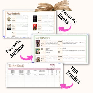 May include: A digital planner for book lovers with sections for favorite books, favorite authors, and a to-be-read tracker. The planner has a green and pink color scheme and includes a graphic of an open book.