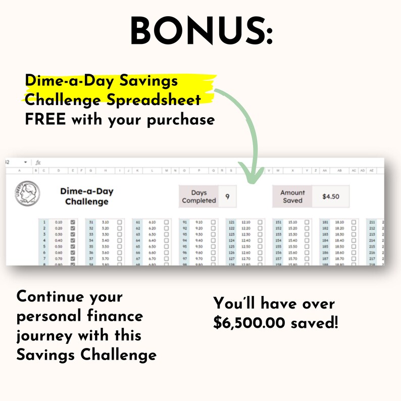 Image of bonus dime a day savings challenge free with your debt snowball tracker spreadsheet