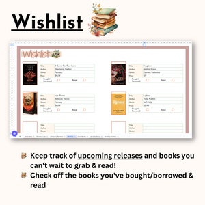 May include: A pink and green printable checklist for tracking books to read. The checklist has sections for title, author, genre, price, bought, borrowed, and read. The checklist includes book covers for "A Curse For True Love", "Iron Flame", "Foxglove", and "Lighter".
