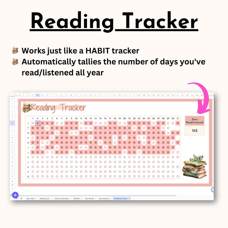 May include: A pink and white reading tracker spreadsheet with a calendar grid and a box that says "Days Read/Listened: 162".