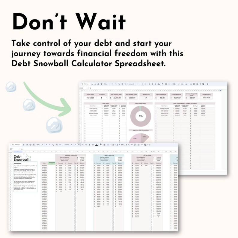 Images of debt snowball tracker spreadsheets