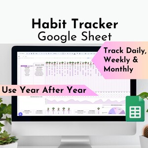 Könnte beinhalten: Ein Computerbildschirm zeigt eine Google Sheet mit einer Habit-Tracker-Vorlage. Die Tabelle ist mit "Habit Tracker Google Sheet" betitelt und enthält einen Kalender für Januar 2024. Der Text "Track Daily, Weekly & Monthly" und "Use Year After Year" ist ebenfalls auf dem Bildschirm zu sehen.