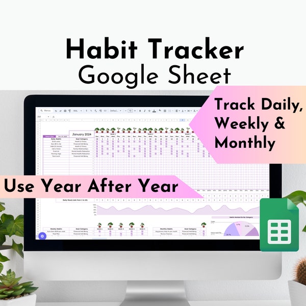 Habit Tracker Google Sheet, Daily Routine, Goal Tracker, Habit Tracker Spreadsheet, Task Tracker, Daily Checklist, To Do List Google Sheets