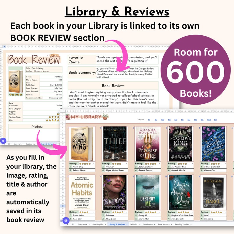 image of library and book reviews spreadsheet for reading tracker