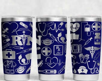 RN Laser Engraved Full Wrap Vaso de 20 oz, Descarga digital, SVG, Diseño sin costuras, enfermera registrada, símbolos médicos