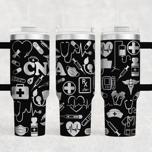 May include: Three stainless steel travel mugs with black handles and lids. The mugs are decorated with a black and silver pattern of medical symbols, including a stethoscope, a heart, a syringe, a bandage, and the letters "CNA".