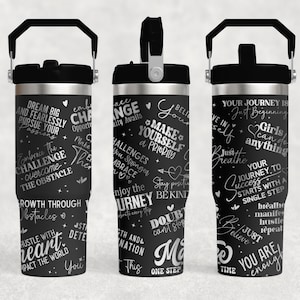 May include: Three black stainless steel tumblers with silver motivational quotes and sayings on a white background. The quotes include "Dream Big and Fearlessly Pursue Your Passions", "Make Yourself a Priority", and "Your Journey to Success Starts with a Single Step".