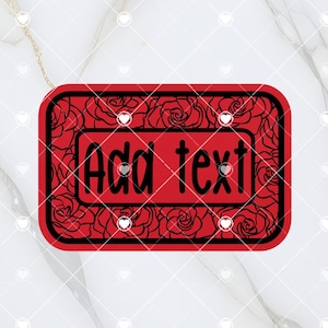 Op de afbeelding: Rode rechthoekige sticker met een zwarte rand en een bloemenontwerp. De tekst "Voeg tekst toe" staat op de sticker.