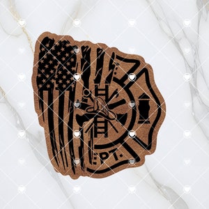May include: A brown leather patch with a black firefighter's helmet, axe, ladder, and hose. The patch also features a distressed American flag and the text "DEPT."