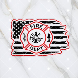 May include: A distressed American flag with a red and black fire department emblem. The emblem features a firefighter's helmet, an axe, a ladder, and a fire hydrant. The text "FIRE DEPT." is written in a red circle.