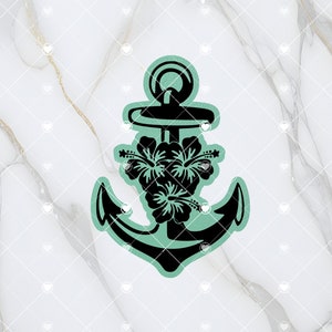 May include: A black anchor with a cluster of hibiscus flowers in the centre. The anchor is outlined in a light green colour.