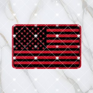 May include: A red, white, and blue American flag with a carbon fiber texture. The flag is rectangular and has a white background with red stripes and a blue field of stars.