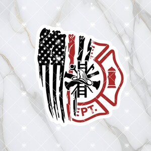 May include: A distressed American flag design with a red and black firefighter's emblem. The emblem features a fire hydrant, an axe, a ladder, and a fireman's helmet. The text "DEPT." is visible on the emblem.