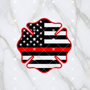 May include: A red, white, and blue American flag with a thin red stripe across the middle, in the shape of a firefighter's Maltese cross.
