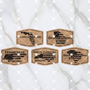 May include: Set of six cork coasters featuring the outlines of Florida, Georgia, Tennessee, North Carolina, and South Carolina. Each state is filled with an American flag design and the words "Strong" below.