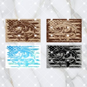 May include: Four variations of a digital design featuring a fish with a fishing hook and line, superimposed on a distressed American flag. The designs are in brown, blue, black, and grey.