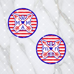 Pode incluir: Dois círculos vermelhos e brancos listrados com contornos azuis. Cada círculo tem um coração no centro com as letras "MAMA" e "MIN" que cercam o coração. As letras são azuis e há flechas vermelhas apontando em direções opostas.