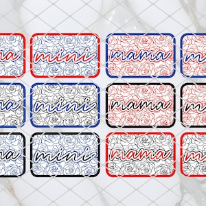 Pode incluir: Oito etiquetas de presente imprimíveis com padrões florais em vermelho, azul e preto. As etiquetas dizem "mama" e "mini" em uma fonte cursiva.