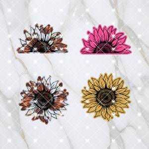 May include: Four different sunflower designs. One is a brown and white animal print, one is pink, one is yellow, and one is a brown and white animal print with a black outline.