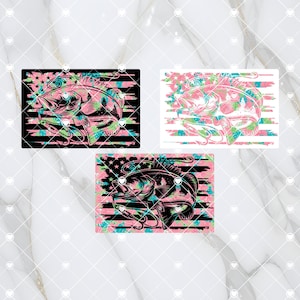 May include: Three rectangular designs featuring a bass fish illustration. The fish is depicted in black, pink, and teal, set against a background resembling the American flag. The designs vary in color schemes, with one on a black background.