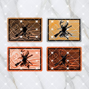 May include: Four digital designs featuring a deer silhouette with antlers and a rifle, set against a wood grain background. The designs are in various color combinations, including orange, brown, and gray.