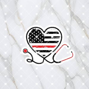 May include: A red, white, and blue American flag in the shape of a heart with a red line across the middle, and a black and red stethoscope.