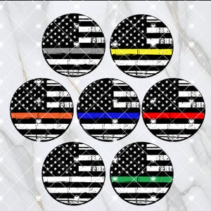 May include: Set of six round stickers featuring a distressed American flag design with a thin colored stripe across the middle. The stripes are gray, yellow, orange, blue, red, and green.