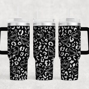 Valentine&#39;s Day candy conversation hearts leopard Laser Engraved Full Wrap 40oz Tumbler, Digital Download, SVG, Seamless Design, handle