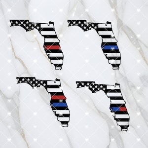 Puede incluir: Cuatro imágenes en blanco y negro del estado de Florida con un diseño de bandera estadounidense. Cada imagen tiene una fina franja roja o azul a través del estado, que representa la fina línea roja para los bomberos y la fina línea azul para las fuerzas del orden.