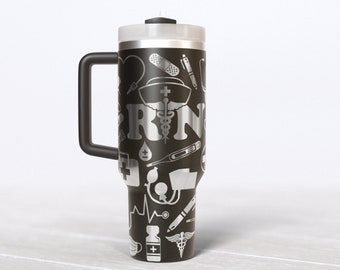 Vaso de 40 oz con envoltura completa grabado con láser RN, descarga digital, SVG, diseño sin costuras, mango, enfermera registrada, símbolos médicos