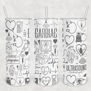 May include: Three white tumblers with black and gray designs. The tumblers feature a variety of medical symbols, including hearts, EKG lines, and ultrasound equipment. The text "Cardiac Sonographer" and "Ultrasound Technologist" are printed on the tumblers.