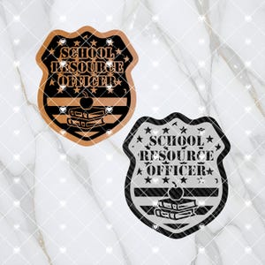 May include: Two black and white images of a school resource officer badge. The badge is shaped like a shield with a star pattern around the edge. The text "SCHOOL RESOURCE OFFICER" is written on the badge. The badge also has a stack of books and an apple on it.
