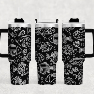May include: Three stainless steel tumblers with black lids and black handles. Each tumbler features a white outline design of various fish on a black background.