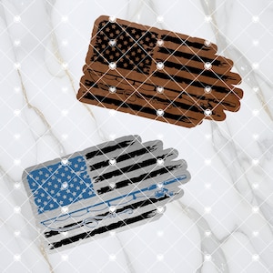 May include: Two distressed American flag designs with a fishing rod and lure. The top flag is brown and black, the bottom flag is blue and gray.