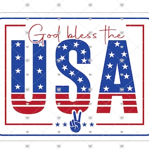 May include: A white sign with a red border and a blue and red USA graphic with stars and stripes. The text "God bless the" is above the graphic. A peace sign is below the graphic.