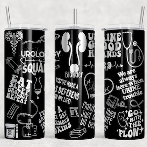 Może przedstawiać: Trzy czarno-białe kubki ze stali nierdzewnej z różnymi wzorami związanymi z urologią. Wzory obejmują nerki, stetoskop i tekst, taki jak "Urology Squad" i "Go with the Flow".