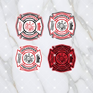 May include: Four red and black firefighter emblems with the words "Volunteer Firefighter" in a white circle. The emblems feature a firefighter helmet, axe, hose, ladder, and a fire hydrant.