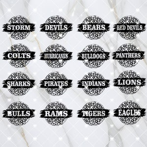 May include: A set of 16 black and white leopard print circles with team names written in white text on a black background. The team names are: Storm, Devils, Bears, Red Devils, Colts, Hurricanes, Bulldogs, Panthers, Sharks, Pirates, Indians, Lions, Bulls, Rams, Tigers, and Eagles.