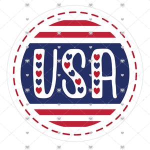 May include: A red, white, and blue circle with a dashed border. The circle has a red and white striped background with the word "USA" in blue letters with red hearts around the letters.