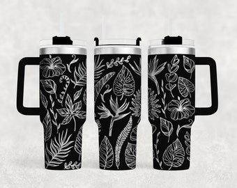 Plantas tropicales Grabado con láser Full Wrap 40oz Tumbler, Descarga digital, SVG, Mango de diseño sin costuras hojas hoja planta dama monstera verano