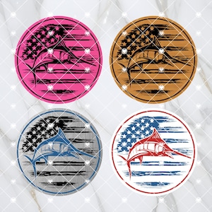 May include: Four circular designs featuring a marlin fish jumping over a distressed American flag. The flags are in pink, brown, gray, and blue.