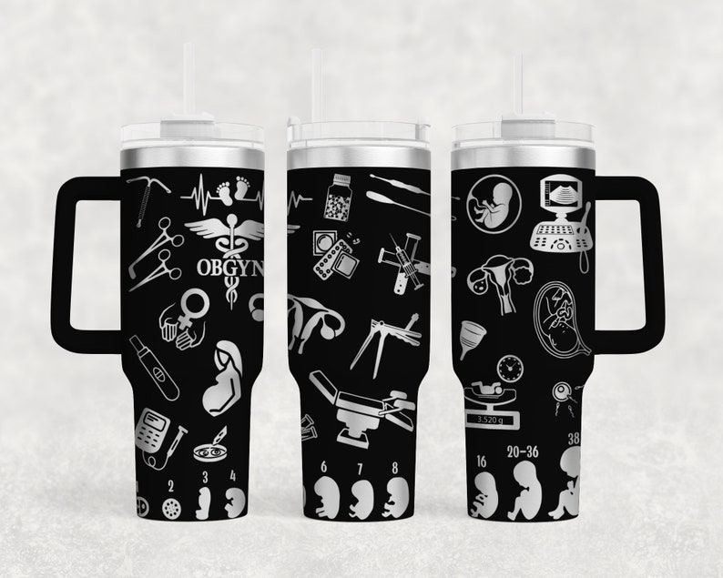 May include: Three stainless steel tumblers with black and silver designs. The tumblers feature various medical symbols and the text "OBGYN".