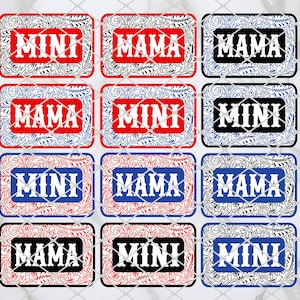 May include: Nine printable tags with a red, white, and blue paisley design. The tags say "Mini" and "Mama" in white text.