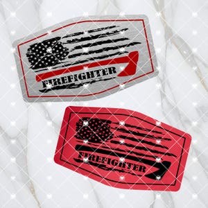 May include: Two rectangular designs featuring a distressed American flag and the word "FIREFIGHTER." One design is gray with red accents, the other is red with black accents. The designs include a firefighter's axe.