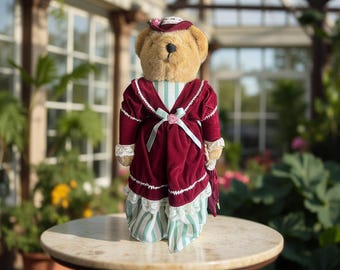Rare Teddy Bear Victorian Ruffle Look Dress 11” Gift Vintage Blue