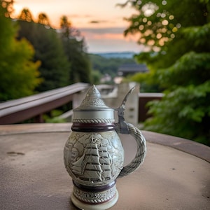 May include: A ceramic beer stein with a detailed illustration of a sailing ship and the text "Bark T. Staugaard" on the bottom. The stein has a silver lid with a hinged handle and a rope-like handle.