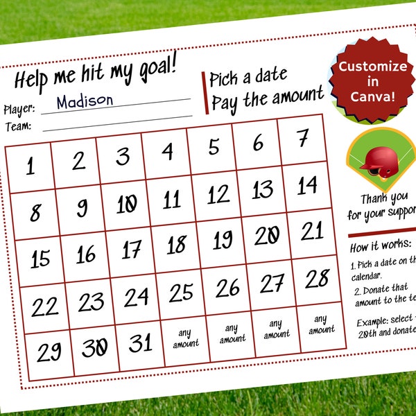 Editable fundraiser template for baseball or softball pick a date calendar