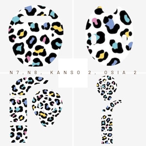 May include: Several shapes with a white background and a colourful leopard print design. The pattern features black, blue, yellow, and pink spots. The text "N7, N8, KANSO 2, OSIA 2" is visible.