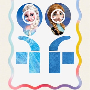 以下が含まれることがあります： アナと雪の女王のエルサとアナをフィーチャーしたデジタルアートコラージュ。画像には、キャラクターの肖像画、様式化された青い形、および黄色のテキスト「エルサ+アナ」が含まれています。デザインは、カラフルで波状のボーダーで囲まれています。