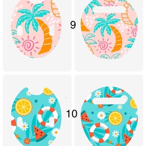 Pode incluir: Dois objetos decorativos ovais com tema tropical. Um apresenta palmeiras, sóis e formas abstratas sobre um fundo rosa. O outro tem limões, boias salva-vidas e fatias de melancia sobre um fundo azul.